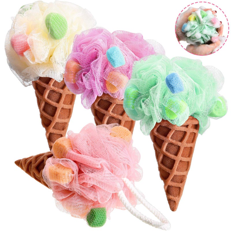 Geiserailie 4 Pieces Kids Loofah Ice Cream Cone Bath Sponge Kids Bath Shower Sponge Body Scrubber Exfoliating Loofah for Kids Spa Shower - Image 1